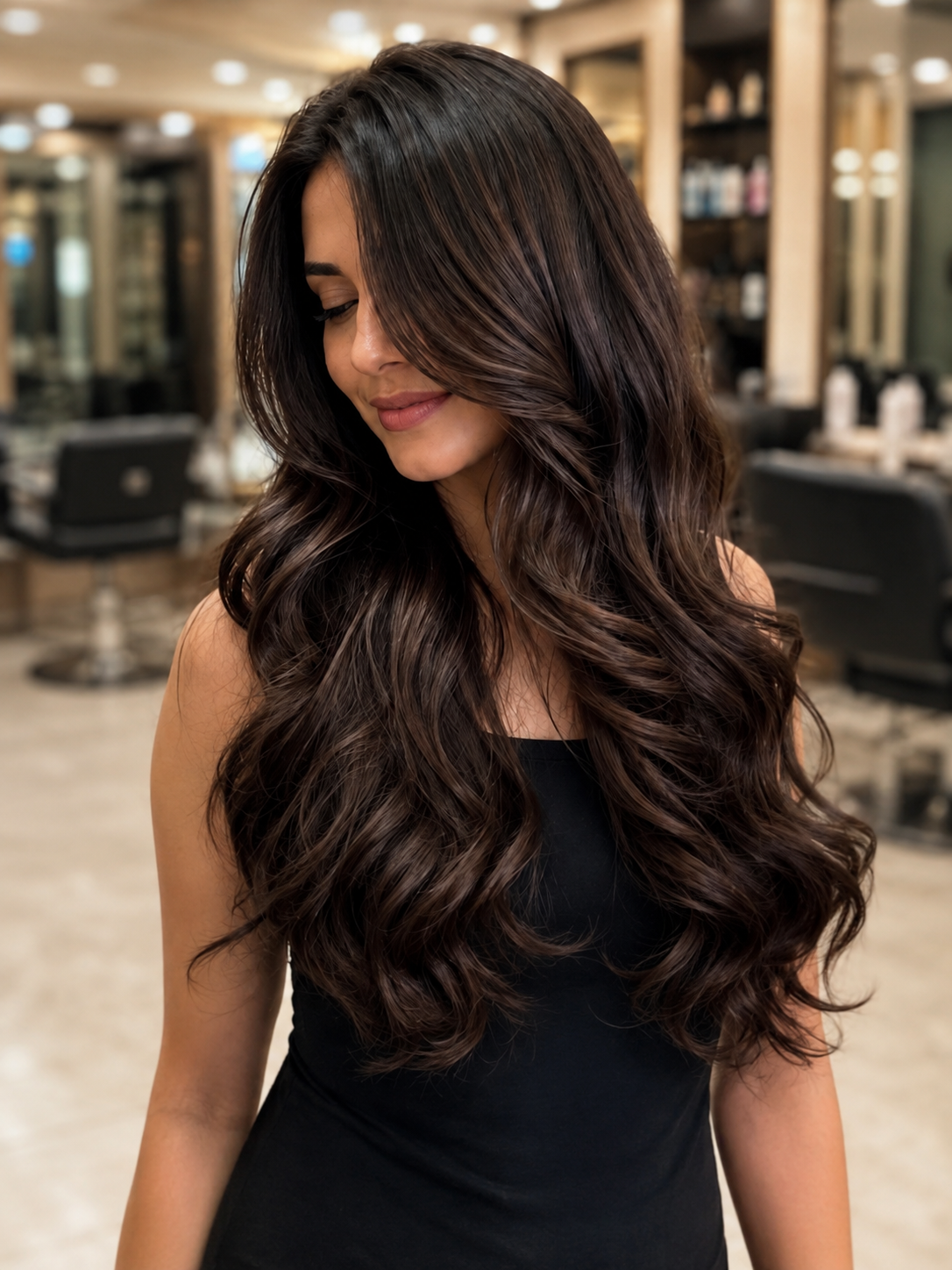 Model with long styled hair at Rivis Family Salon